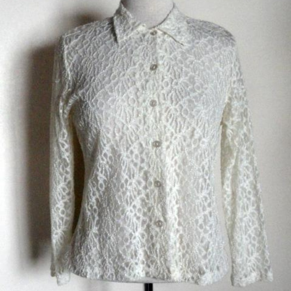 Impressions Off White Soft Knit Lace Blouse sz L